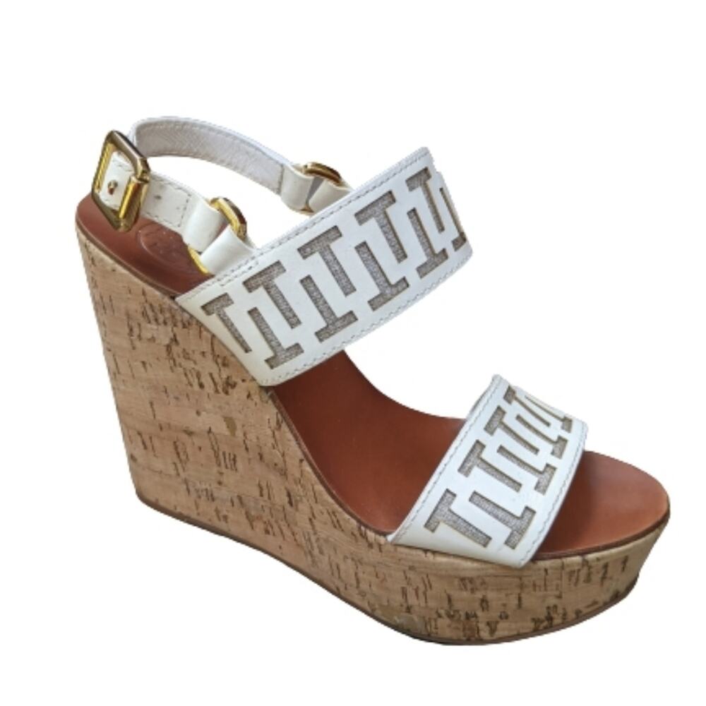 Tory Burch Regan T Logo Cork Wedge Sandals 8.5